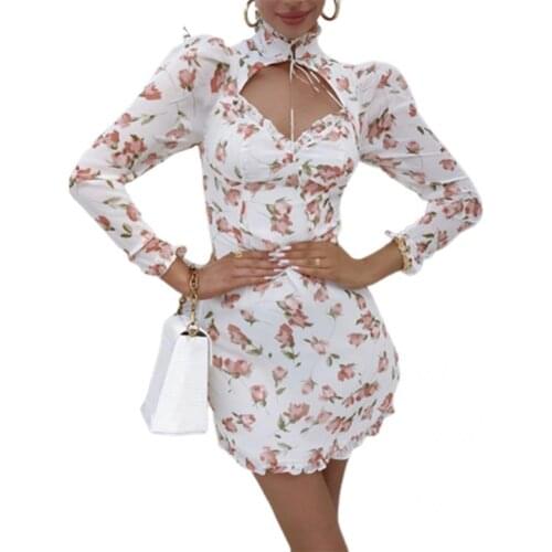 White Flower Printed Sexy Summer Sexy Dress Flounced Sleeve Women Dress Chiffon foe Dating
