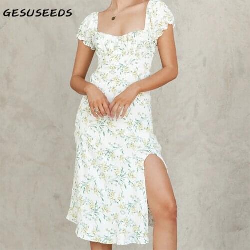 Summer midi dress 2021 white dress women elegant dresses floral square neck dresses short sleeve vintage side split dress sashes