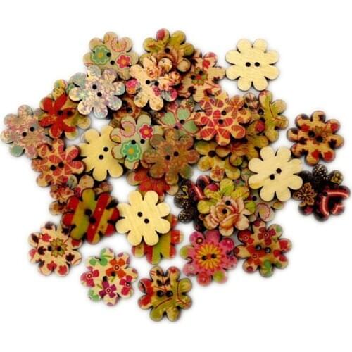 100Pcs Plum Blossom Shape 2 Holes Wooden Buttons Sewing Scrapbooking Decoration
