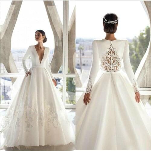Satin A Line Wedding Dresses Sexy Deep V Neck Long Sleeve Bridal Gowns Illusion Lace Appliques Floor Length Wedding Dress