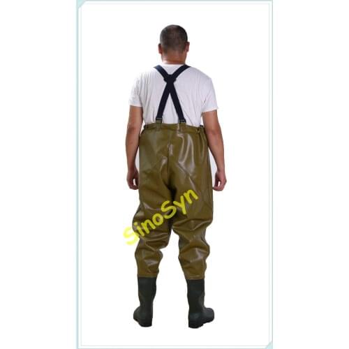 FQW1910 Safty Chest/ Waist Wader Protective Water Working Outdoor Fishing Wading 0.85MM Khaki Double-PVC Pants with Rain Boots