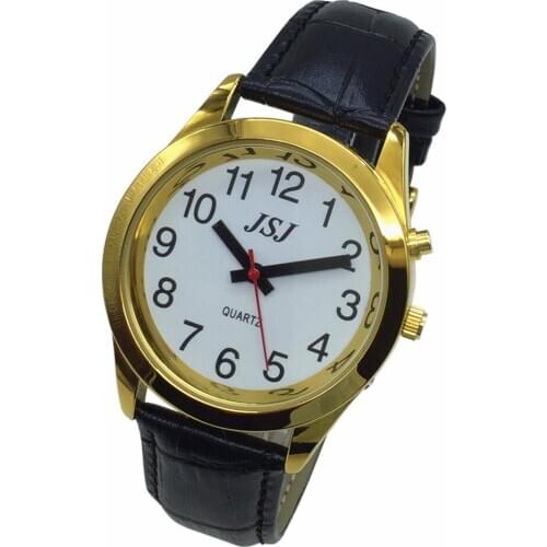 French Talking Watch with Alarm Function, Talking Date and time, White Dial, Black Leather Band, Golden Case TAF-707