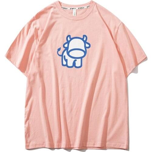 Streetwear Harajuku T-Shirt Mens Solid Color Cow Pattern Print Hip Hop Tshirts Short Sleeve Shirt Cotton Loose Anime Clothes Bts