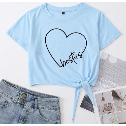 Besties Best Friends Knotted Crop Top Shirt Womens Summer Short Sleeve Cotton T-Shirt Cropped Tops Graphic Tee Front Tie Knot