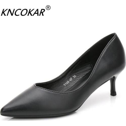 KNCOKAR New Fashion Spring And Autumn Shallow Mouth Low Heel Womens Shoes Black Pointed Stiletto Pro Shoes Size Is 33 -40