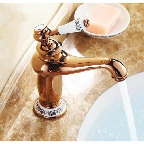 Bathroom Faucet Rose Gold Copper finish Ceramic Flower Pattern Brass Basin Sink Faucet Single Handle water taps anf502