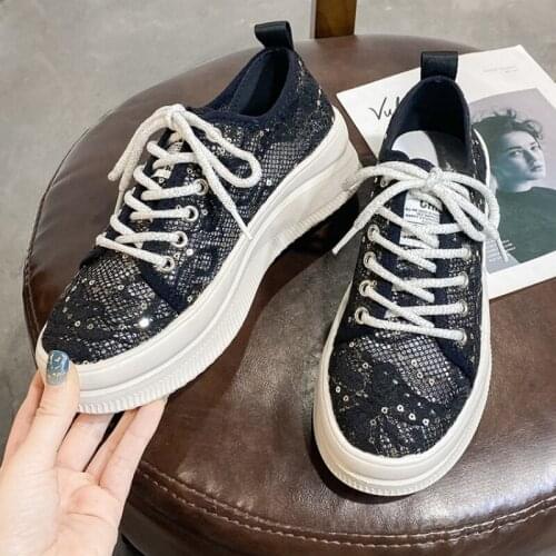 Autumn Women White Lace Sequins Hollow Breathable Thick-soled Sneakers Fashion Casual Flat Shoes Womens Sports Shoes