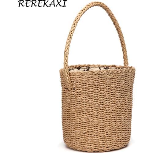 Round Bucket Womens Handbag Summer Weave Beach Bag Bohemia Handmade String Straw Bags Female Knitted Cylinder Top-handle Tote