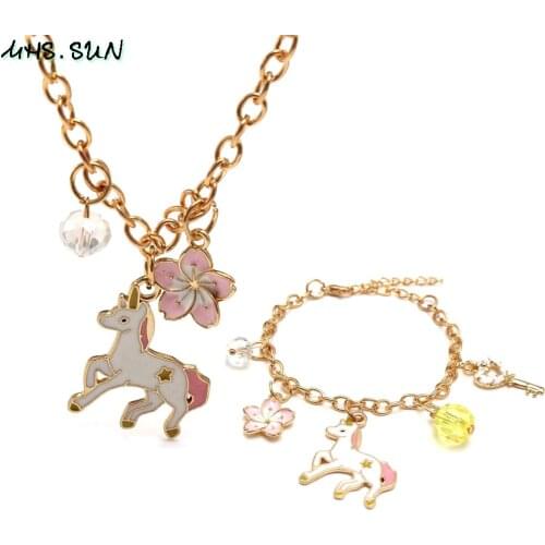 MHS.SUN Fashion Kids Girls Cartoon Unicorn/Flower Pendant Necklace Bracelet 1Set Charming Chain Necklace Jewelry For Party Gift
