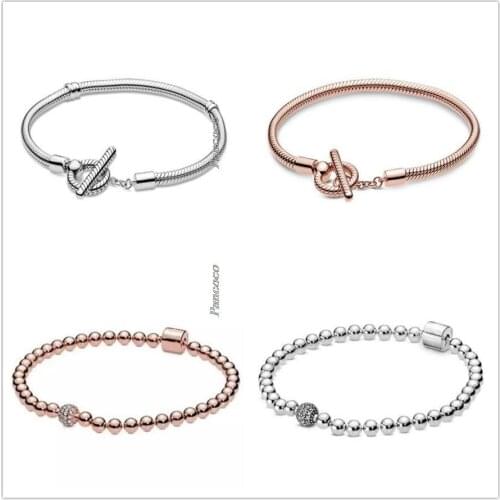 Original 925 Sterling Silver Rose Gold Beads & Pave Crystal Sliding Bracelet Bangle Fit Women Bead Charm Fashion Jewelry