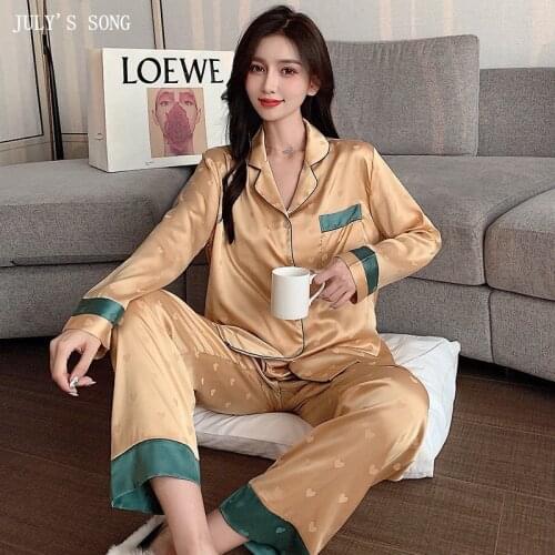 JULYS SONG Ice Silk Womens Pajamas Sets Satin Love Dot Cute Long Sleeve Shirt Elegant Nightwear Homewear Female Pyjamas Casual