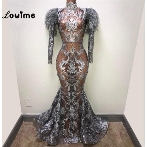 Feather Illusion Long Sleeves Mermaid Evening Dresses 2019 Arabic High Neck Celebrity Party Gowns Prom Dresses Vestido De Festa