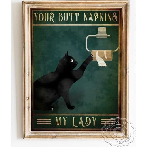Spoof Toilet Paper Poster, Lovely Black Cat Illustration Art Prints, Cute Animal Vintage Wall Picture, Humor Restroom Home Decor