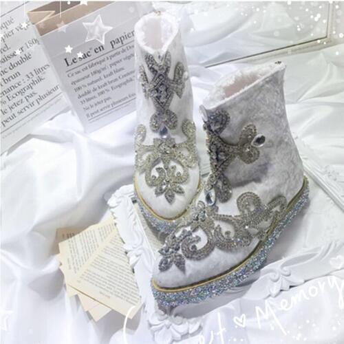 White Flock Boots with Crystal Flowers Rhinestone Beaded Snow Boots Women Shoes for Girls Lady Pregnant Winter