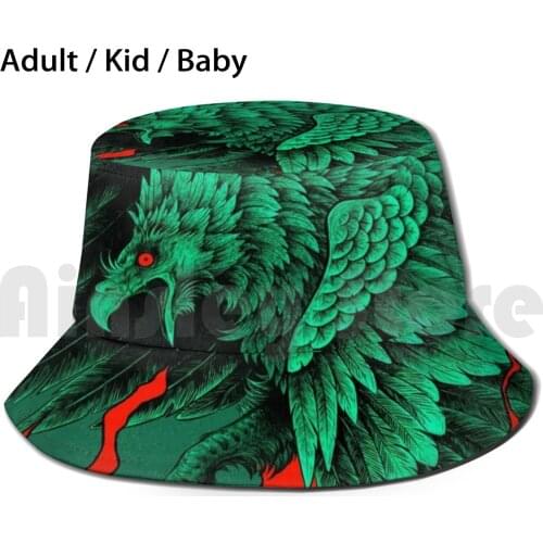 Reforged - Jade Sun Hat Foldable UV Protection Phoenix Bird Flames Fire Green Jade Teal Red Feathers Modern