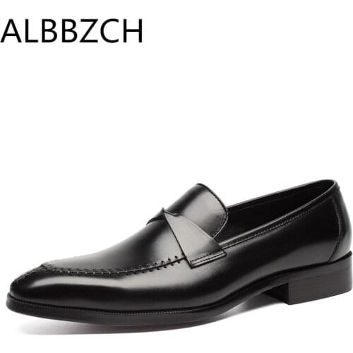 Fashion sewing Genuine Leather Business Dress Shoes Men Office Work Pointed Toe Slip On Shoes Mens Loafres Wedding Shoes 38-44