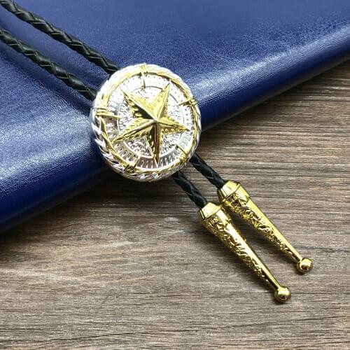 Western bolo Tie Texas five-pointed star two-color plating Alloy Leather Collar Rope Personalized Suit Clothing Accessories
