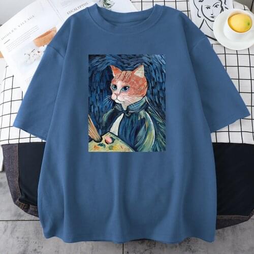 Van Gogh Cat self-portrait printed Women T Shirts Anime Summer T-Shirt Street Soft Tees Shirts Fashion Crewneck Female Tshirt