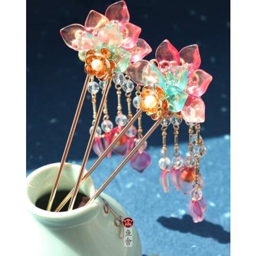 Chinese vintage handmade U pin Colored glass hairpin hair sticks accessories Headwear for hanfu kimono COSPLAY 1pc length 16cm