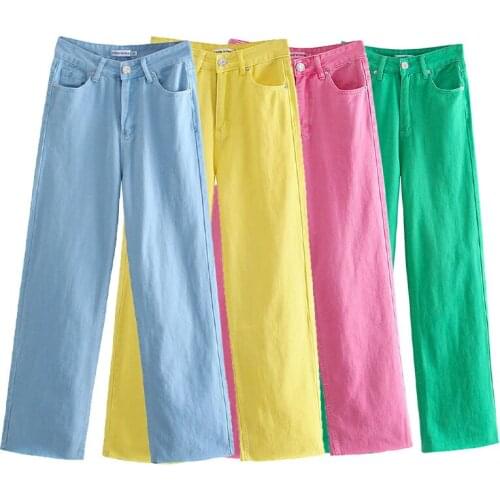 Women Jeans Summer Fashion Casual Denim 2021 Solid High Waist Buttons Pockets Female Street Multi-color Wide Leg Pants Mujer