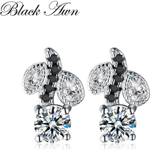 [BLACK AWN] Genuine 925 Sterling Silver Jewelry Flower Black Spinel Wedding Stud Earrings for Women Silver 925 Jewelry T116