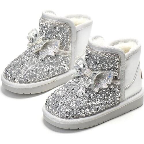 Bibihou Snow Boots For Girls Keep Warm Blingbling Rhinestone Bow Cotton Shoes For Kids Winter Boots All-Match1-16 Years Old 2020