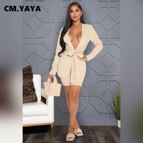 CM.YAYA Women Set Solid Full Sleeve Open Stitch Balzers Tops Bandage Sashes Stretchy Shorts Two 2 Piece Sets Fashion Outfit Fall
