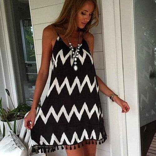 Female Wavy Strip Midi Dress Graceful Braces Shoulder Lady Dress Tassel Hem Summer Chiffon Beach Dress