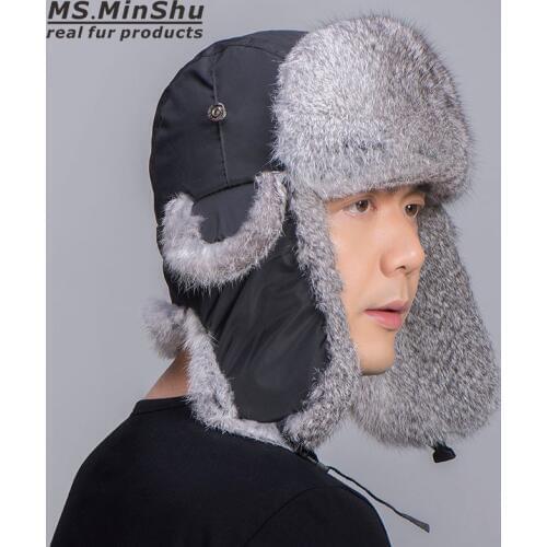MS.MinShu Natural Rabbit Fur Hat Winter Skiing Hat Unisex Genuine Rabbit Fur Trapper Hat Natural Fur Bomber Hat Man Women
