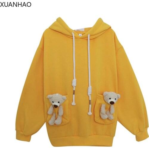 Fleece Cartoon Bear Appliques Cute Oversize Hooded Sweatshirt Women 2021 Winter Long Sleeve Warm Hoodies Female Basic Top