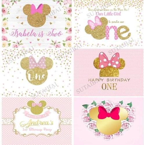 Personalized Princess Mouse Baby Girl Birthday Party Decor Happy Birthday Bow Party Custom Photo Studio Backdrop Background