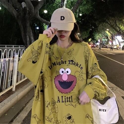 Womens printed cartoon o-neck T-shirt creative loose T-shirt womens long sleeve oversized casual wear hip hop street style