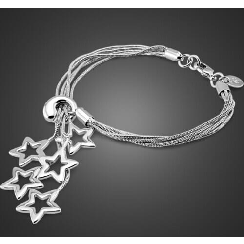 Hot Sale 100% 925 Sterling Silver Star Bracelet Women Multilayer Tassel Snake Chain Bracelet Fashion Charm Jewelry Gift