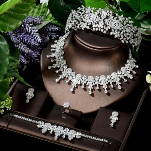HIBRIDE 5pcs Big Wedding Dress Accessories Jewelry Sets Necklace Earring Dubai African CZ Jewelry Sets For Dinner Party N-1611