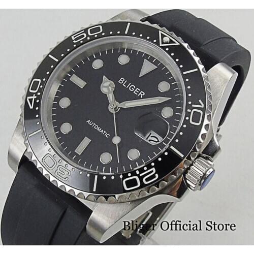 BLIGER Black Sub Mechanical Men Wristwatch Simple NH35 Movement Screw Crown Sapphire Crystal Rubber Strap Luminous Marks