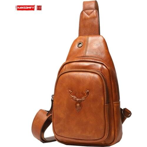 Cowhide Mens Bag Men Chest Bag Leather Messenger Bag Casual Retro Shoulder Bag Small Back Pack 2021 New Wave Vintage Soft Youth