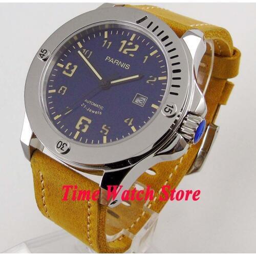 43mm PARNIS mens watch royal blue dial solid 316L SS case sapphire glass luminous hands MIYOTA Automatic movement 997