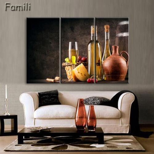 3Picture White wine And Cup Of Modern Canvas Print Painting Wall Art Picture For Kitchen Room Decoration Artwork Unframed