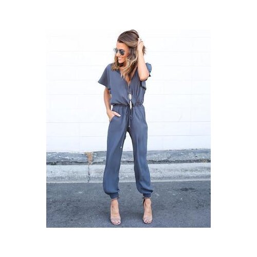 2021 Summer New Womens Solid Short Sleeve V-neck Sexy Cross Bandage Pocket Womens 9-point One-piece