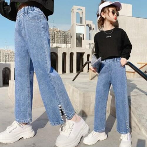New Spring Girls Pants Pearl Slit Jeans Straight Wide leg Denim Trousers 4 5 6 7 8 9 10 11 12 13 14 Years Girl Childrens dress