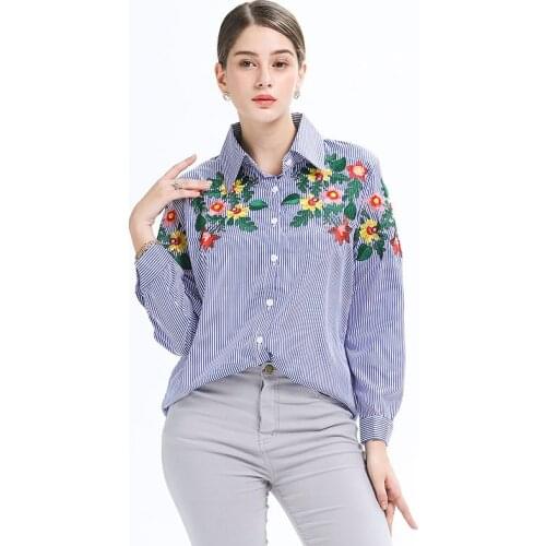Spring Autumn Turn Down Collar Floral Embroidery Shirts Women Tops Vertical Stripes Retro Casual Blouses Female Blusas T1625