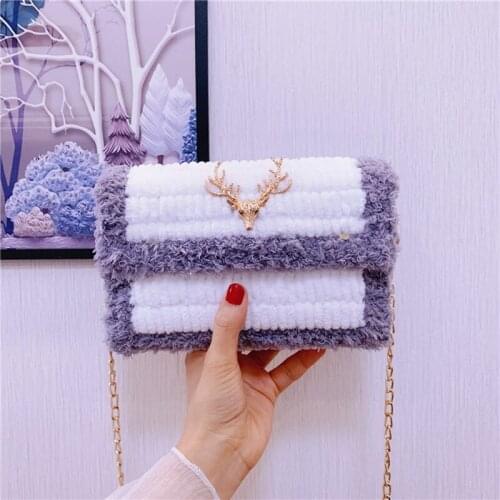 Diy Homemade Hand-woven Bag Wool Chain Women Shoulder Fluffy Plush Bag Women Material Bag Deer Knit Bag Crossbody Bag 2021 Flap