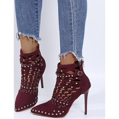 Women Shoes High Heel Fashion Gladiator Sandals Summer Spring Pointed Toe Rivets Sudded Cut Out Caged High Heel Women Shoes