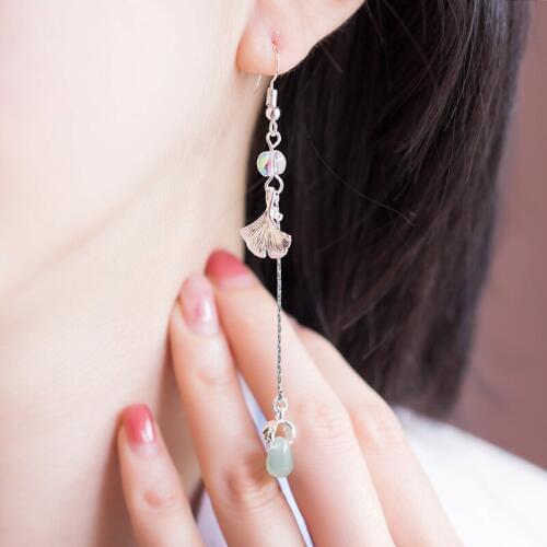 Chinese- Style Ginkgo Leaf Long Earrings Earrings Antique Style Chinese Clothing Pierceless Womens Immortal Clip-on Ear Stud