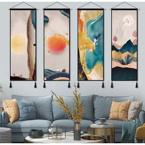 Modern Abstract Canvas Painting Picture Landscape Posters Print Wooden Scroll Hanging Painting Home Living Room Wall Art Decor