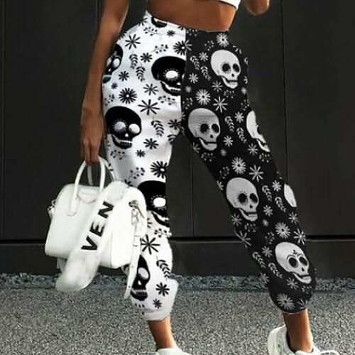 Skull Printed Sports Sweatpants Fashion Elastic Waist Color Block Street Joggers Trousers with Pockets Female Pants 11Styles