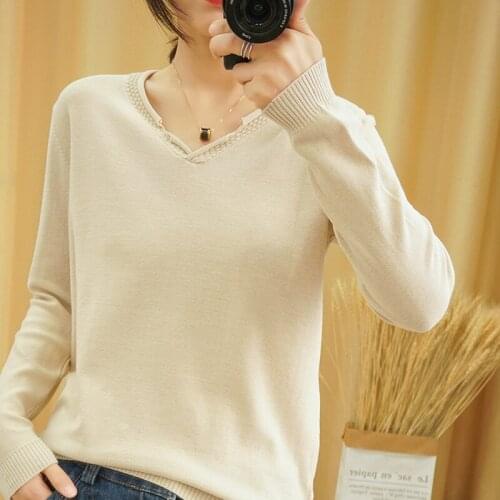 SZDYQH Autumn 100% Cotton Sweater Women Clothing Korean V-neck Solid Color Plus Size Pullover Woman Casual Basic Shirt Tops