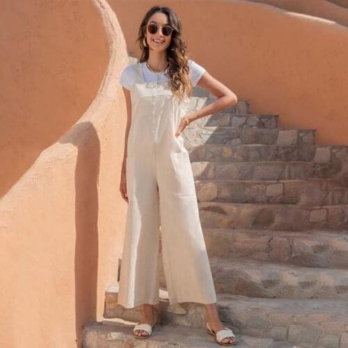 Solid Color Pocket Sleeveless Jumpsuits Women Summer Wide Leg Rompers Casual Square Collar Streetwear Plus Size Loose Jumpsuits