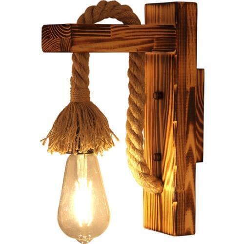 Vintage Loft Wood Wall Lamp Hemp Rope Bedside Lamp Wall Sconce American Country Decorative Industrial Led Wall Lights for Home