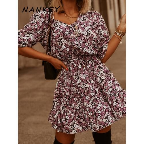 NANKEY New Print Dress Women Casual Short Sleeve Summer Lace Up High Waist Floral Dress For Women 2021 Summer Vintage Dress